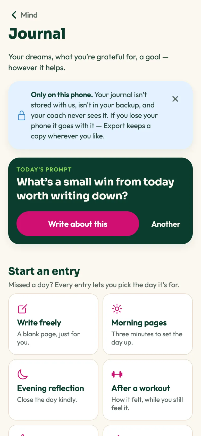 The journal: today's prompt and ways to start an entry.