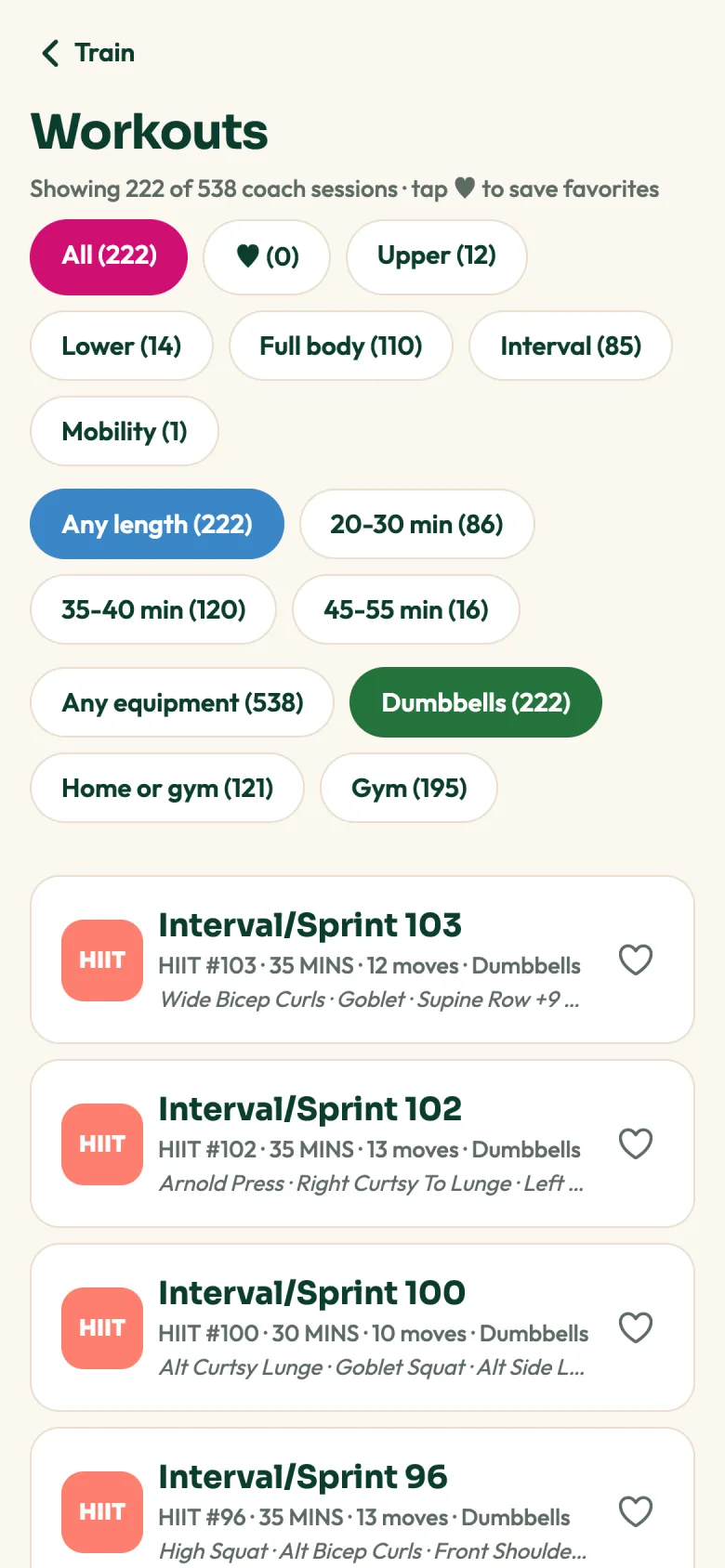 Dana's workouts, filtered to dumbbells, with filters for focus, length and equipment.